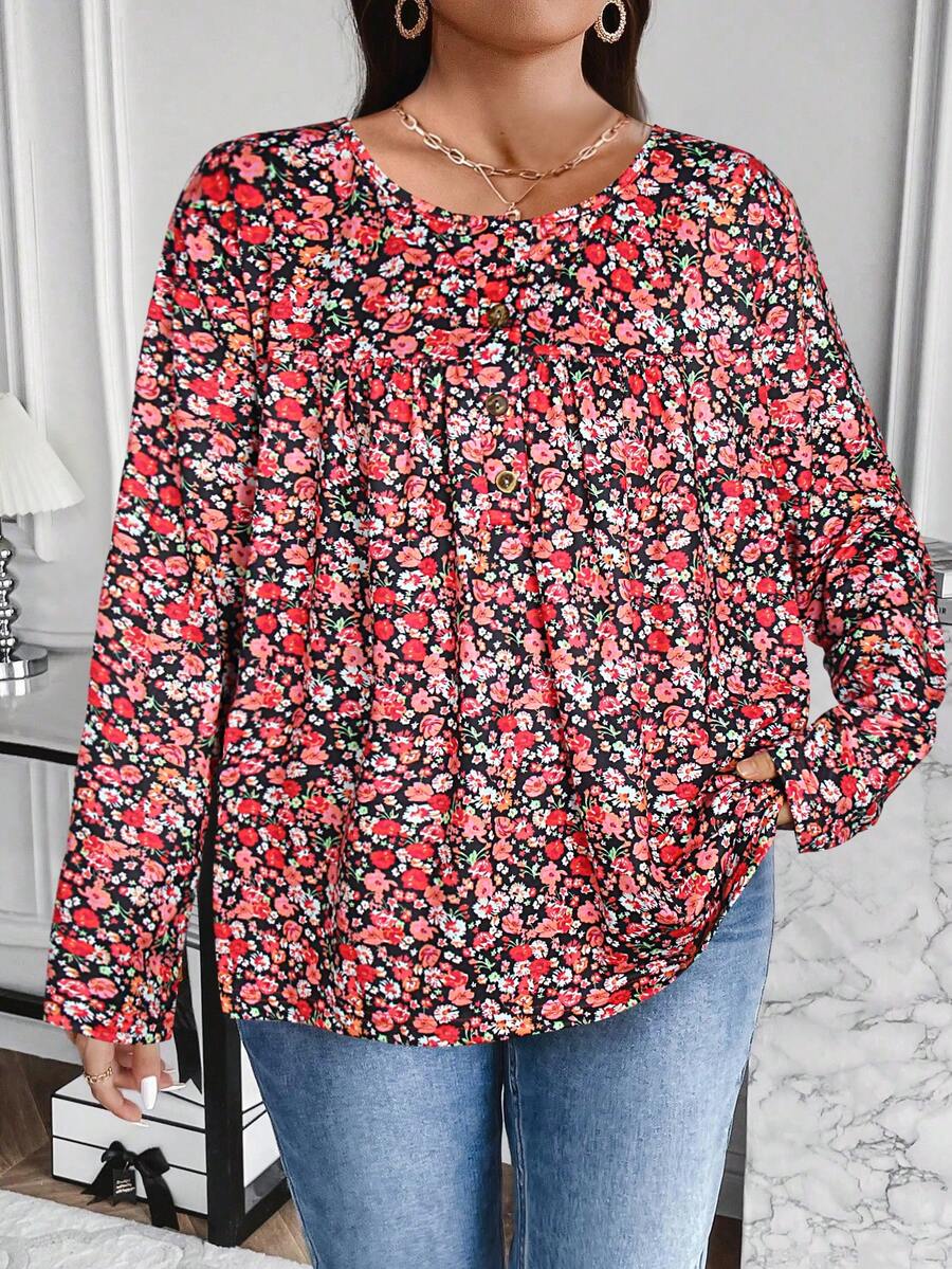 EMERY ROSE Plus Size Women'S Full Floral Printed Long Sleeve T-Shirt - Multicolor - View 1