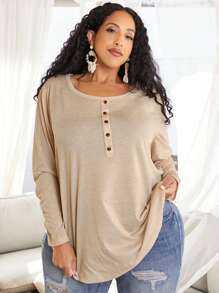 SHEIN CURVE+ 大尺碼女士圓領長袖t恤 - 杏色 - 查看 1