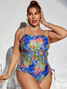 SHEIN Swim Curve Maillot de bain une pièce à dos croisé imprimé, grande taille, carnaval d'été - Multicolore - Voir 4