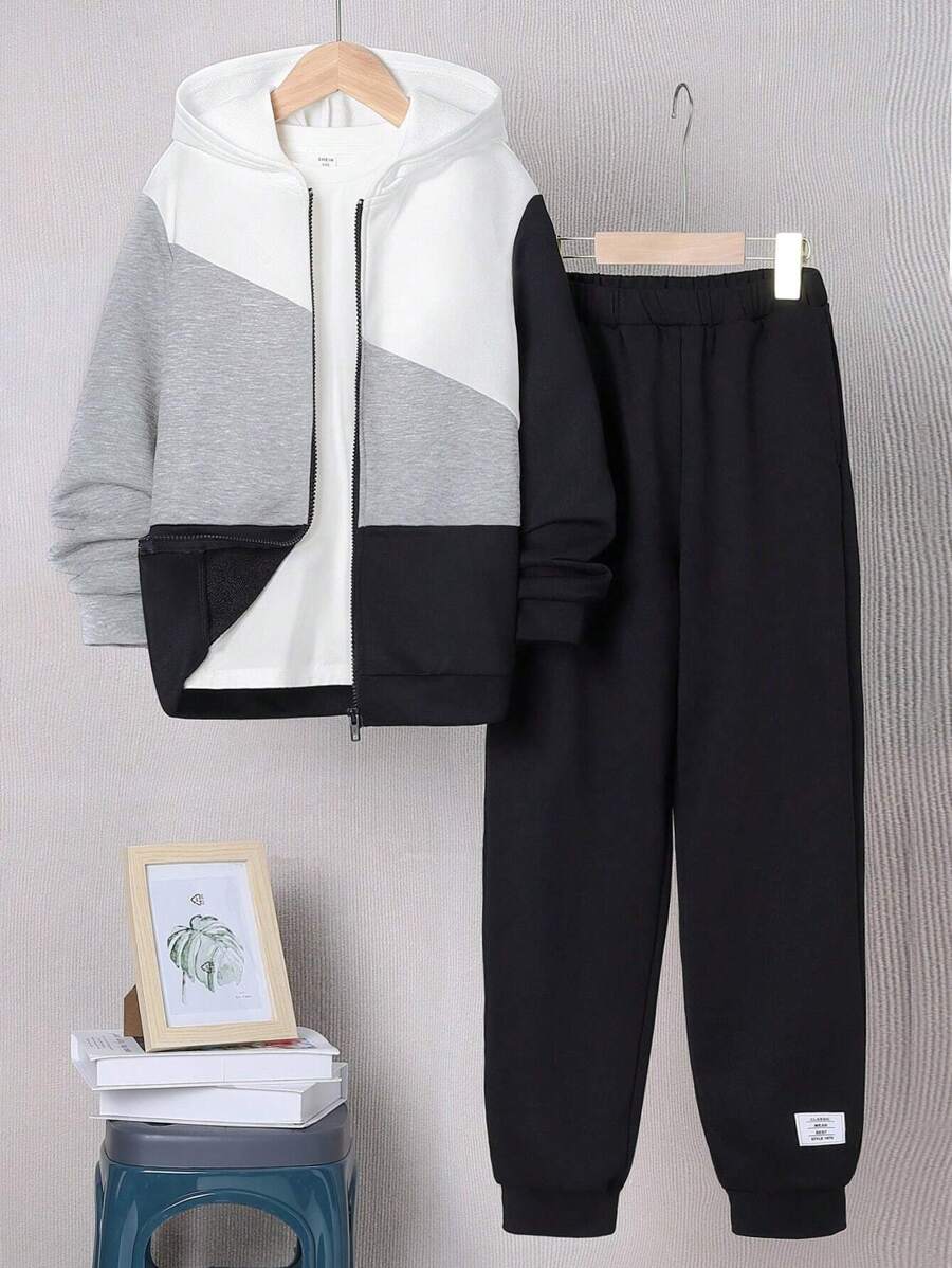 SHEIN Tween Boys' Loose-Fit Casual Colorblock Hoodie And Solid Color Sweatpants Set
