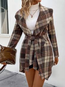 SHEIN LUNE 女式格子束帶大衣 - 彩色 - 查看 6