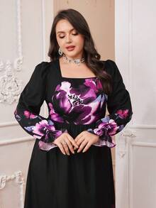 Modelyn 大尺碼女士荷葉袖花卉印花長裙 - 彩色 - 查看 4