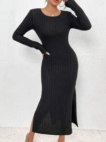 SHEIN Unity Solid Color Ribbed Knit High Slit Dress For Women - Black - View 1