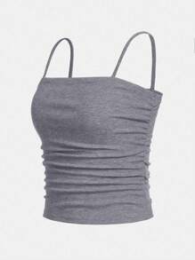SHEIN Teen Girls' Knit Ribbed Folded Casual Cami Tank Top - Grey - View 3