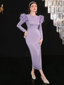 Modelyn 毛绒装饰褶皱拼接修身连衣裙，优雅晚会礼服 - 紫色 - 查看 4