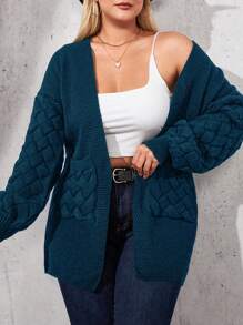 SHEIN Cottnline Plus Size Drop Shoulder Double Pocket Cardigan - Dusty Blue - View 1