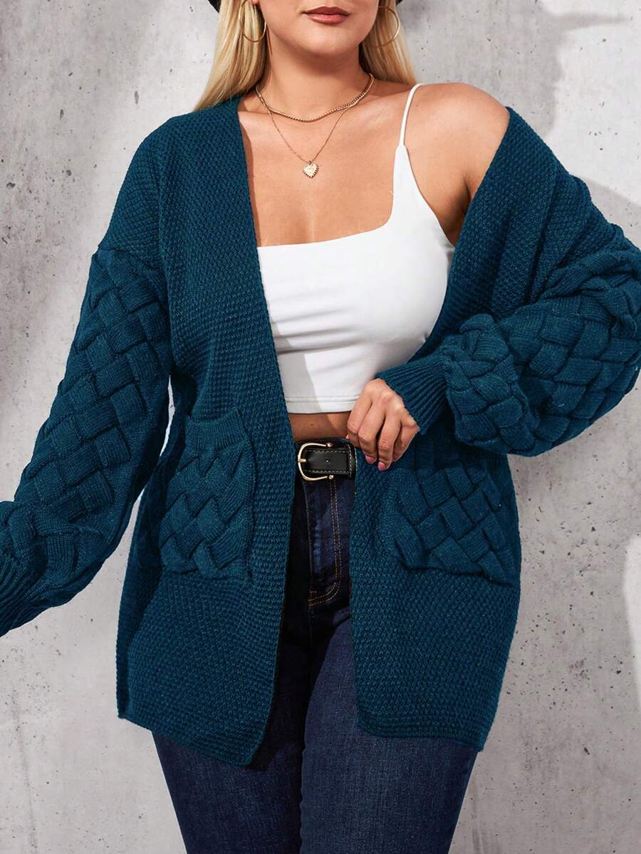 SHEIN Cottnline Plus Size Drop Shoulder Double Pocket Cardigan - Dusty Blue - View 1