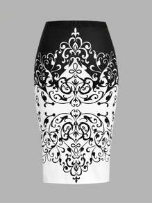 SHEIN Clasi Của phụ nữ Khối màu In Damask Váy bodycon - Đen và trắng - Xem 3