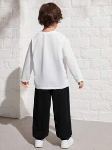 SHEIN Kleine Jungen Lässig set aus Langarm Top mit Cartoon Muster und einfarbiger Hose, Fleece, verdickt - Weiss - Übersicht 2