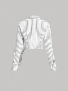 SHEIN MOD 女士長袖條紋襯衫,3d花卉裝飾 - 白色 - 查看 2