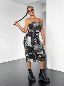 SHEIN EZwear Plus Size Printed Cami Dress - Black and White - View 5