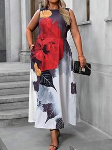 SHEIN Clasi Kích thước lớn In Hoa Nhuộm buộc Váy không tay - màu đen - Xem 3