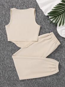 SHEIN Leap Crew Knit Solid Color Letter Patched Tank Top With Tapered Pants Two-Piece Set For Teen Girls - Khaki - View 2