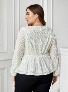 SHEIN Clasi Plus Size Wrap Neckline Textured Top With Lantern Sleeve - Beige - View 2