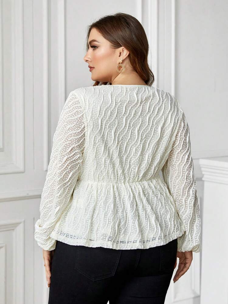 Plus Size Wrap Neckline Textured Top With Lantern Sleeve
