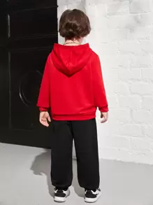 年轻男孩舒适印花连帽衫和运动裤套装，羊毛，加厚 - 紅色 - 查看 3
