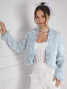 Enchnt Women's Plush Jacket With Ruffled Edges
