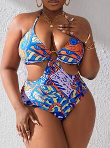 SHEIN Swim Curve 大尺碼女式葉子印花一件式泳衣 - 彩色 - 查看 3