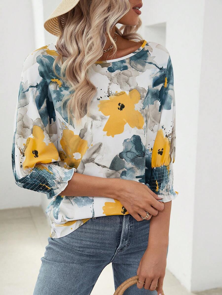 SHEIN LUNE 花朵圖案蝙蝠袖襯衫 - 黃色 - 查看 1