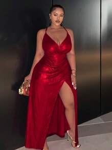 Slaydiva 大尺碼女款高開叉細肩帶洋裝