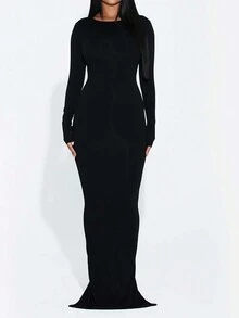 純色長袖及地連身裙 2024 春季新年派對連身裙 - 黑色 - 查看 4