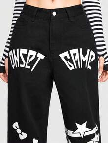 ROMWE J-Fashion Jeans With Letter And Star Pattern - Black - View 5