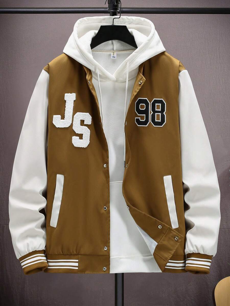 Manfinity Campus Court Chaqueta De Béisbol Para Hombre Con Bloques De Color Con Letras Impresas - Camel - Ver 1