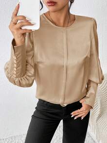 SHEIN Clasi Chất rắn Tay áo Đèn lồng Xa ten Áo sơ mi - Rượu sâm banh - Xem 3