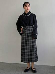 FRIFUL Eo đàn hồi Kẻ sọc Váy - Đen và trắng - Xem 9