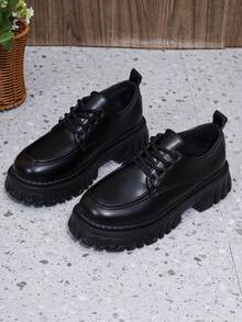 ROMWE Goth Women's 2024 Spring/Autumn New Arrival Round Toe Korean Style Classic Casual Mary Jane Thick Platform Black Leather Shoes - Black - View 7