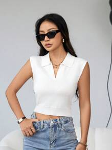 SHEIN EZwear 純色針織上衣 - 白色 - 查看 4