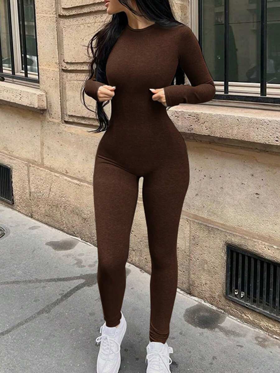 Women's Solid Color Round Neck Long Sleeve Jumpsuit, Rib Knit Skinny, Suitable For Spring & Autumn - 咖啡棕 - 查看 1