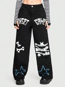 ROMWE J-Fashion Jeans With Letter And Star Pattern - Black - View 1