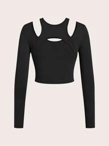 SHEIN ICON Solid Color Cropped Hollow Out T-Shirt - Black - View 5