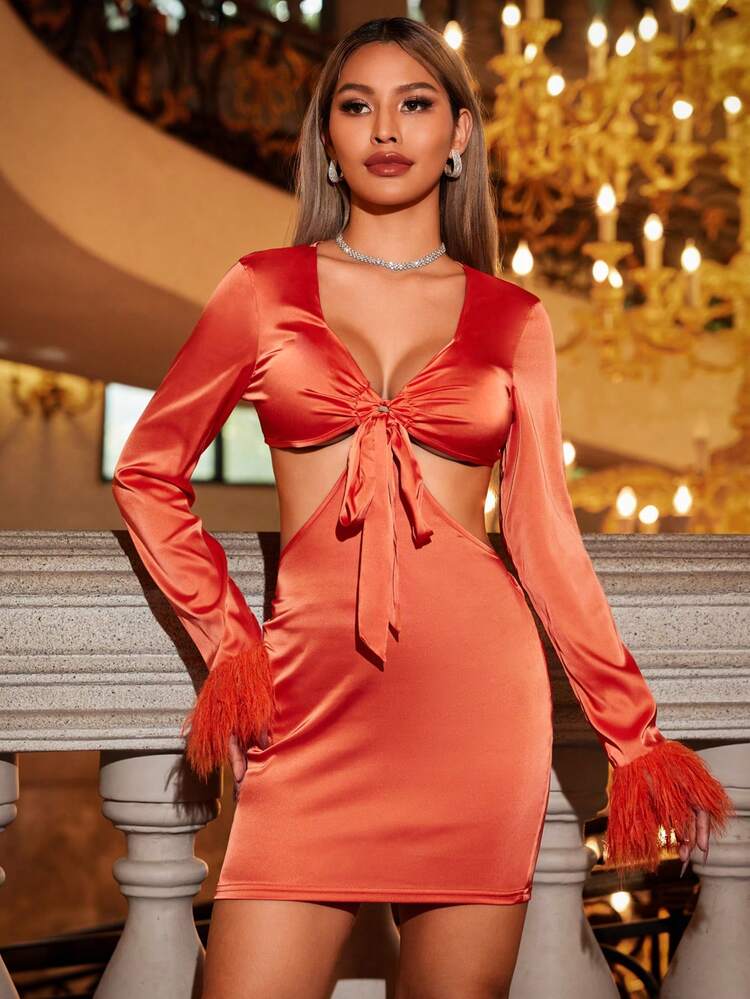 Women'S Sexy Knitted Satin Dress With Cutout Detail At The Waist