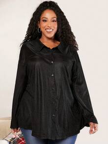 SHEIN CURVE+ Christmas Plus Drop Shoulder Knot Hem Shirt - Black - View 6