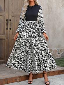 SHEIN LUNE Printed Patchwork Dress - Black - View 4