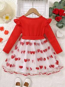 SHEIN Glamorique Kids 年轻女孩心形印花长袖收腰网眼覆盖连衣裙（配腰带），春秋装 - 紅色 - 查看 2