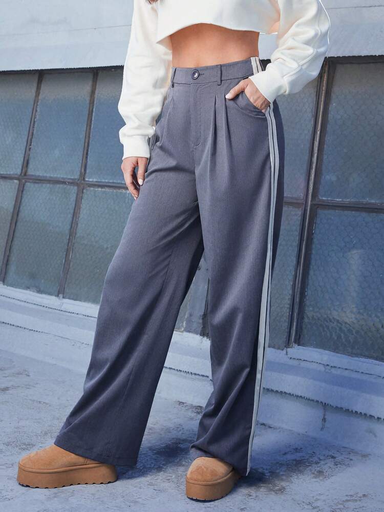 Side Stripe Pleated Straight Leg Pants