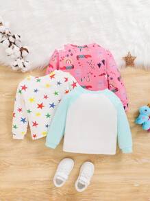 SHEIN 3 Peças Conjunto De Camisas Casuais De Manga Longa Para Meninas Com Estrelas De Cinco Pontas, Letras Fofas E Padrões Divertidos De Unicórnio - Rosa chiclete - Visão 2