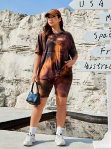 SHEIN EZwear 大码女式夏季扎染短袖 T 恤和短裤两件套 - 彩色 - 查看 4