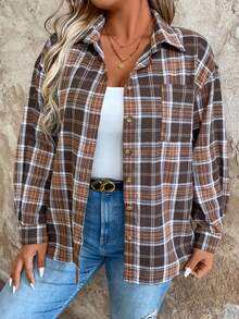 SHEIN LUNE Plus Size Women'S Plaid Drop Shoulder Long Sleeve Shirt - Khaki - View 3