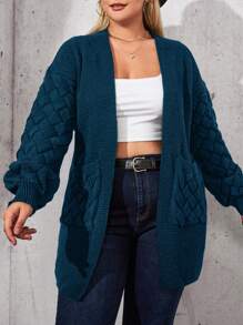 SHEIN Cottnline Plus Size Drop Shoulder Double Pocket Cardigan - Dusty Blue - View 5