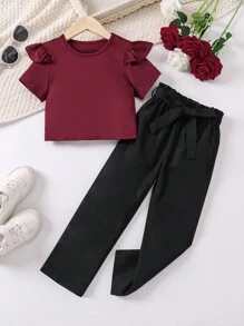 SHEIN 幼兒女孩荷葉邊短袖上衣和束帶褲兩件套 - 彩色 - 查看 1