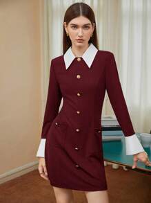 BizChic Của phụ nữ Tương phản Khe Cổ tay áo Nút phía trước Đầm - Màu Đỏ Sâu - Xem 8