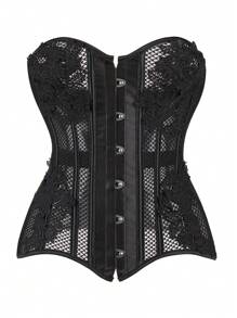 大尺碼女用漁網無肩帶緊身上衣 - 黑色 - 查看 1