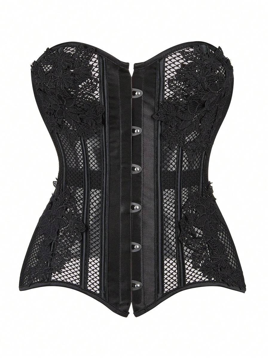 大尺碼女用漁網無肩帶緊身上衣 - 黑色 - 查看 1