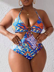 SHEIN Swim Curve 大尺碼女式葉子印花一件式泳衣 - 彩色 - 查看 5