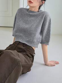 DAZY Áo dệt kim nữ màu trơn Giải trí - Xám - Xem 7