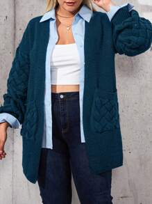SHEIN Cottnline Plus Size Drop Shoulder Double Pocket Cardigan - Dusty Blue - View 4